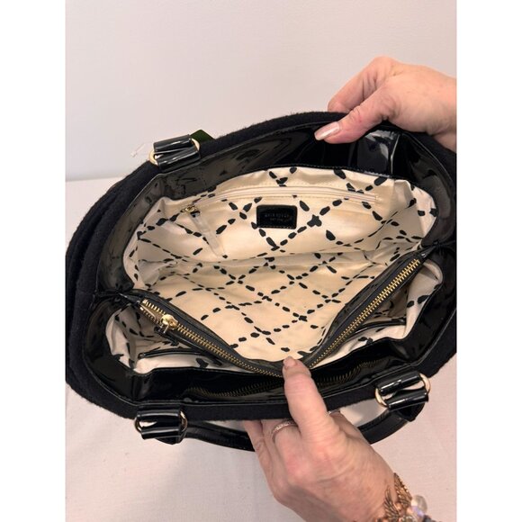 NWT Kate Spade Black Wool Button Tote Bag With Patent Leather Handles & Lined In - Picture 6 of 11